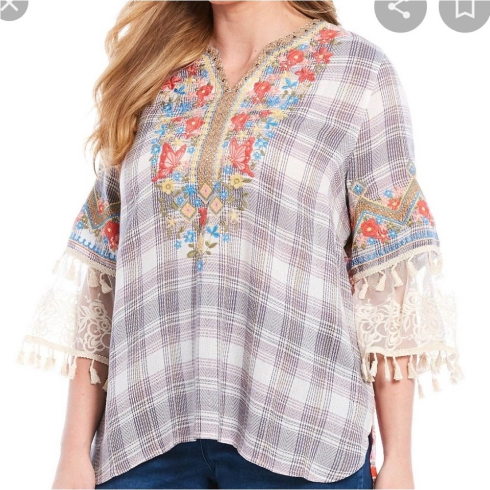 John Mark Plaid Floral Lace Embroidered Tunic